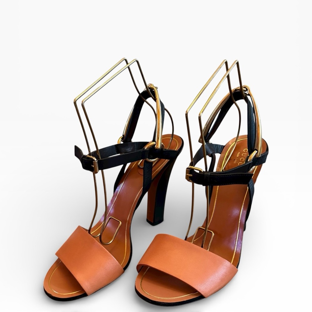 Gucci Horsebit Accent Leather Block Heel Sandals - Black & Cognac EU 38.5 US 8.5 - Picture 7 of 15